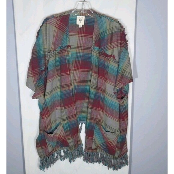 Billabong Open Front Cardigan S/M Oversized Fringe Short Sleeve Pockets Frayed - Picture 1 of 9